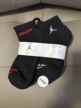 BNWT NIKE JORDAN SIX 6 PAIR SOCKS ANKLE JUMPMAN CUSHION BLACK-RED-WHITE SZ 5Y-7Y